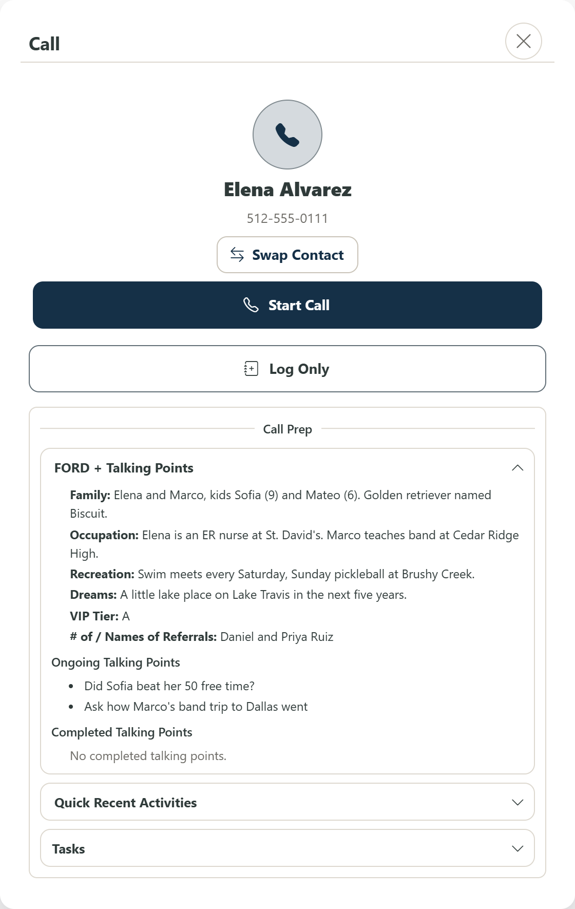 The Call window for Elena Alvarez, with Start Call and Log Only buttons above Call Prep showing her FORD notes, referrals and two talking points.