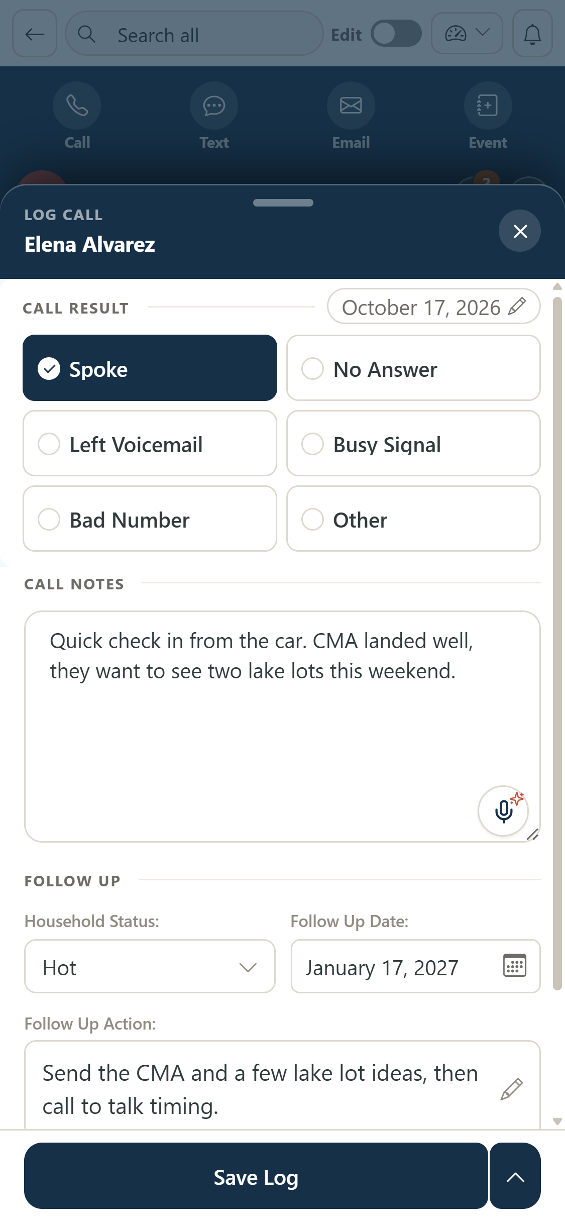 The phone debrief sheet for a call with Elena Alvarez: Spoke selected, call notes, status Hot and a follow-up date.