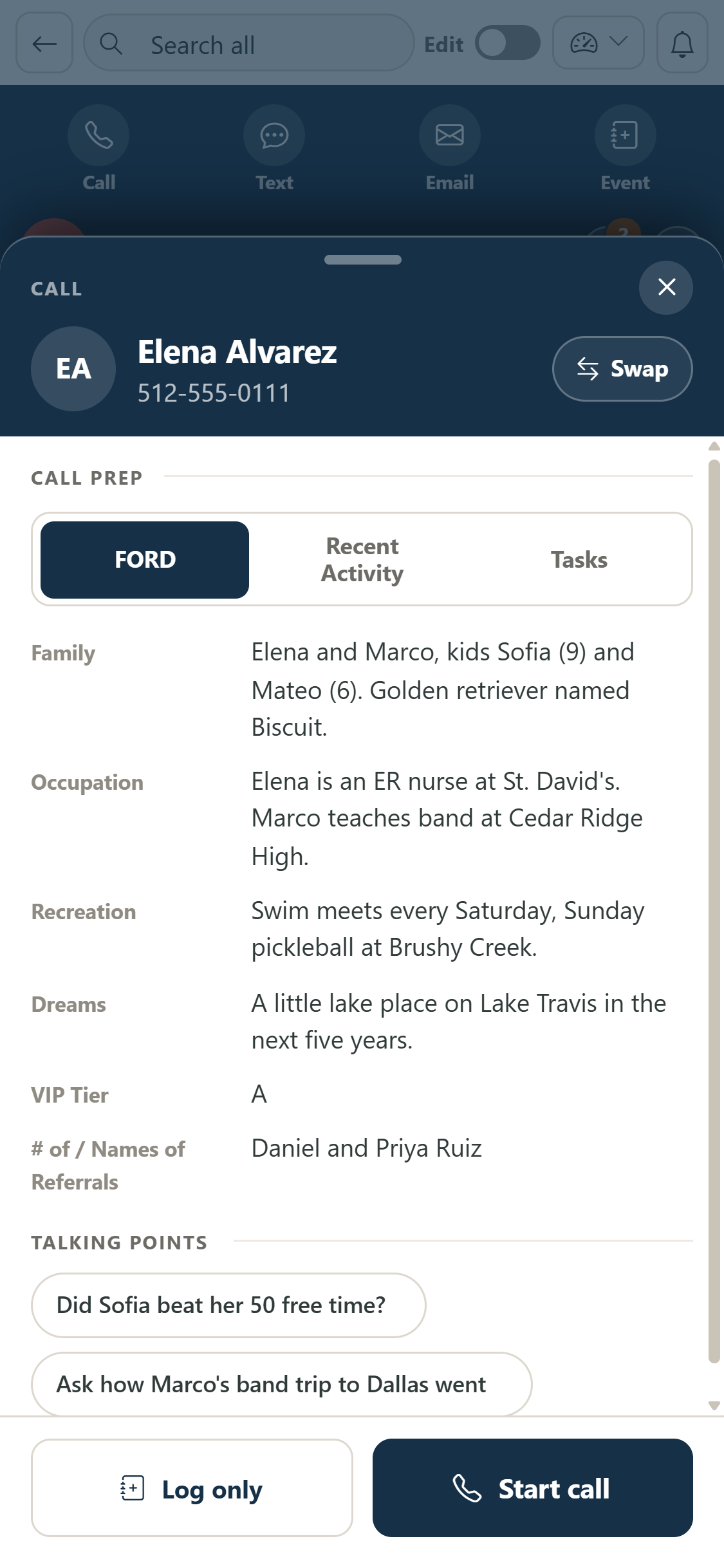 Call prep on a phone showing the Alvarez FORD notes, their referral Daniel and Priya Ruiz, and two talking points above the Start call button.