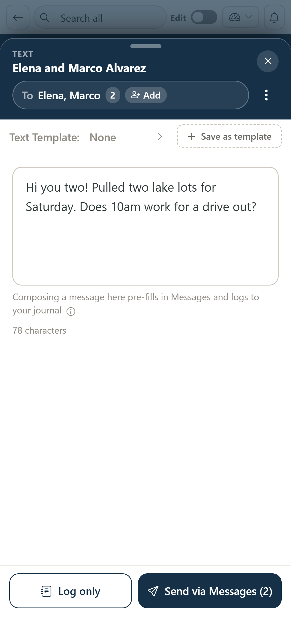 A group text on a phone to Elena and Marco Alvarez, with a message about two lake lots and a Send via Messages (2) button.